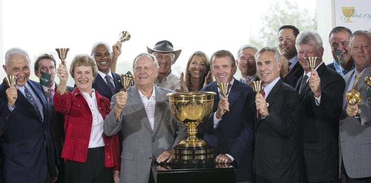 Jack Nicklaus and others ring the bell at Muirfield Village in Columbus, Ohio