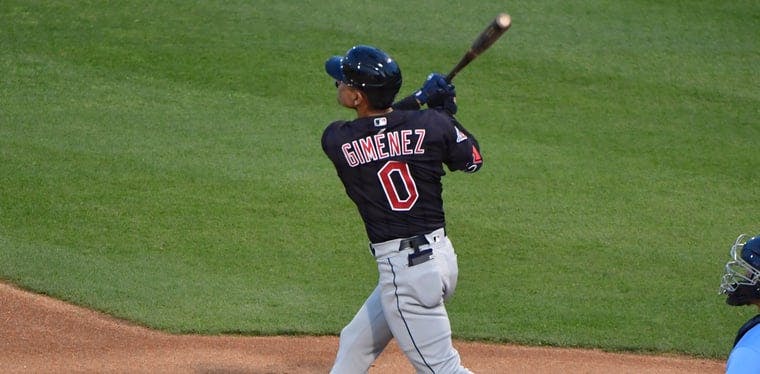 Guardians infielder Andres Gimenez hits a solo home run against the Seattle Mariners