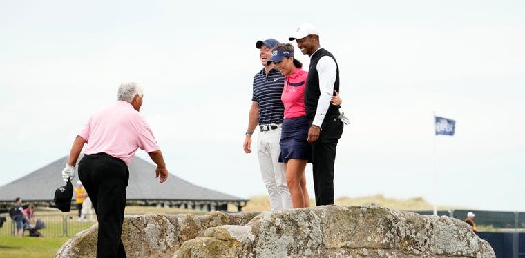 Lee Trevino joins Rory McIlroy, Georgia Hall, and Tiger Woods on the Swilken Bridge before the 150th Open Championship