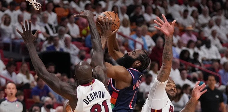 76ers guard James Harden drives to the basket against the Miami Heat in Game 2 of the NBA Playoffs