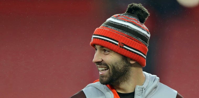 Baker Mayfield looks on during warmups before a late 2021 Browns contest