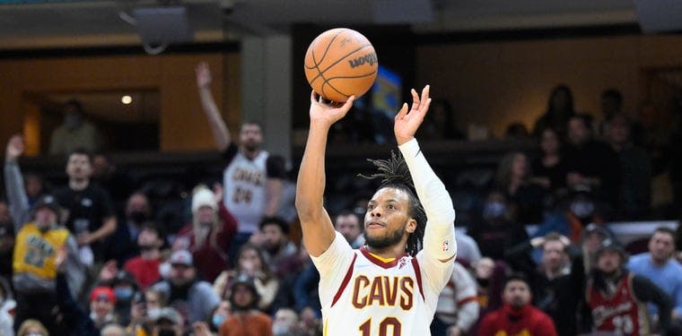 Cleveland Cavaliers guard Darius Garland (10) makes a three-point basket late in the fourth quarter against the New York Knicks at Rocket Mortgage FieldHouse.
