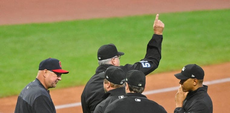 Guardians manager Terry Francona gets ejected against the Oakland A's.