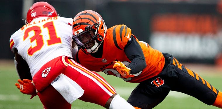 Eli Apple (20) makes a tackle on Darrel Williams (31) in a Chiefs vs. Bengals contest earlier in the season at Paul Brown Stadium in 2021