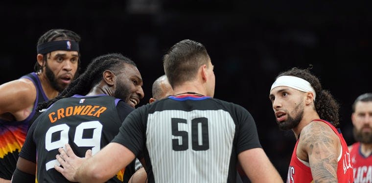 Suns forward Jae Crowder argues with an official in the NBA Playoffs