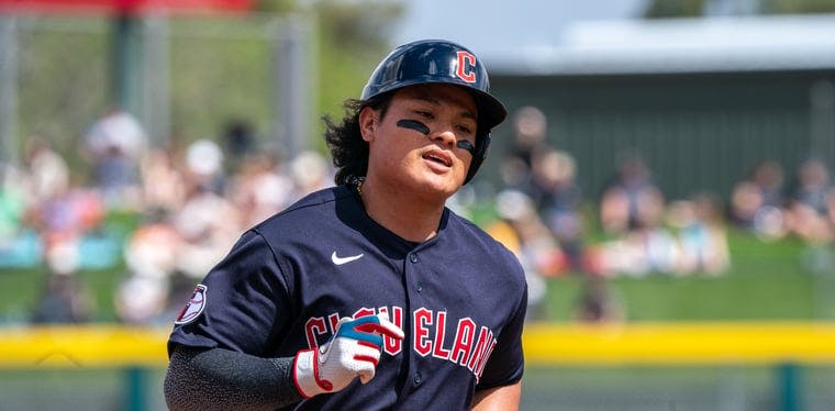 Cleveland Guardians infielder Yu Chang (2) reacts after hitting a home in a Spring Training game in 2022. The Guards lost 25-12.