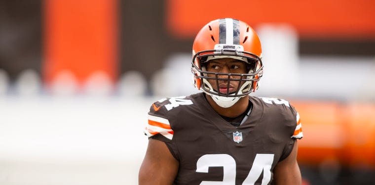 Browns running back Nick Chubb looks across the field during warmups before the game against the Texans