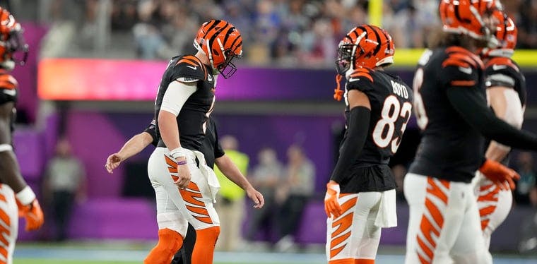 Joe Burrow hobbles off the field after a left knee injury late in quarter number four of Super Bowl LVI in which the Bengals dropped a heartbreaker. Burrow suffered a left knee sprain on the play.