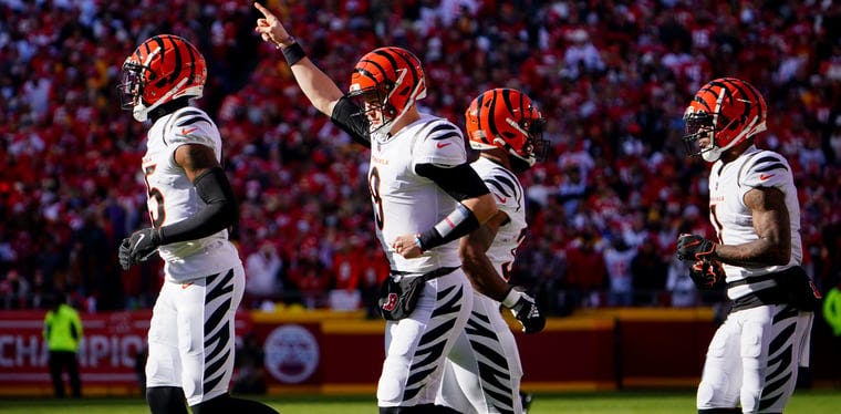 Joe Burrow and the Cincinnati Bengals offense takes the field during the AFC Championship game in Kansas City. The Bengals won this game and will represent the AFC in Super Bowl 56.