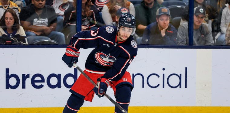 Columbus Blue Jackets' Johnny Gaudreau skates with the puck