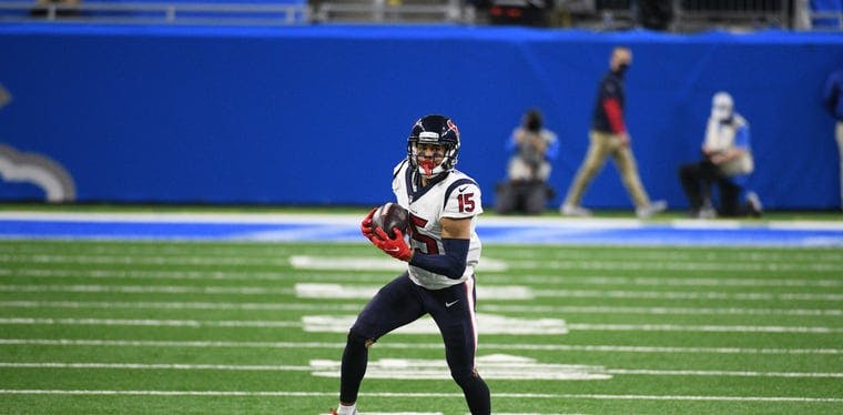 Houston Texans wide receiver Will Fuller (15) catches a ball against the Detroit Lions in a 2020 matchup of the Houston Texans and Detroit Lions