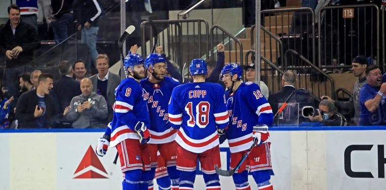 The New York Rangers celebrate a goal in the NHL Playoffs