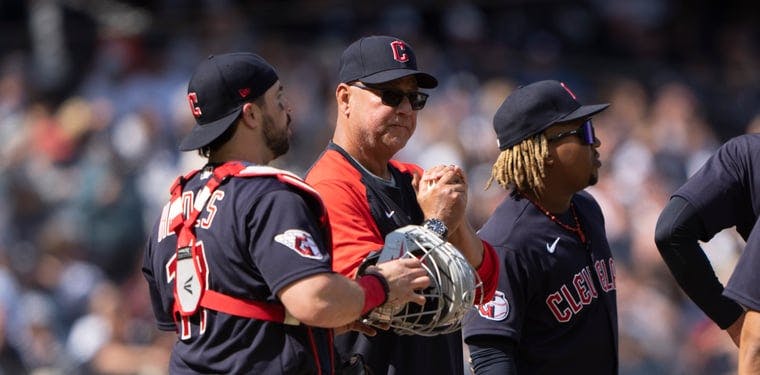 Guardians manager Terry Francona makes a pitching change during the eighth inning against theYankees