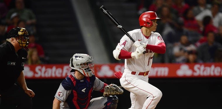  Los Angeles Angels designated hitter Shohei Ohtani (17) hits a single against the Cleveland Guardians