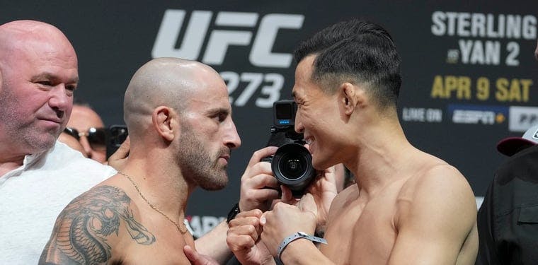  Apr 8, 2022; Jacksonville, FL, USA; Alexander Volkanovski faces off with the Korean Zombie during weigh ins for UFC 273 at VyStar Veterans Memorial Stadium