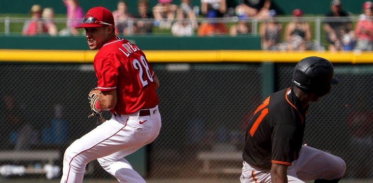 Reds infielder Alejo Lopez forces out San Francisco Giants infielder Marco Luciano