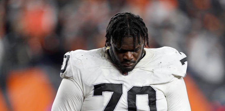 Raiders guard Alex Leatherwood reacts after their loss against the Cincinnati Bengals