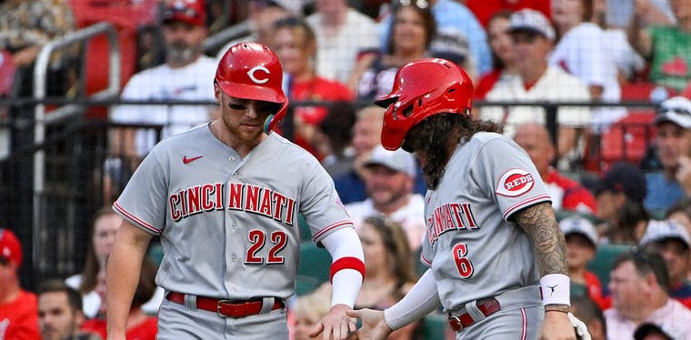 Reds first baseman Brandon Drury celebrates with second baseman Jonathan India after they both scored against the St. Louis Cardinals