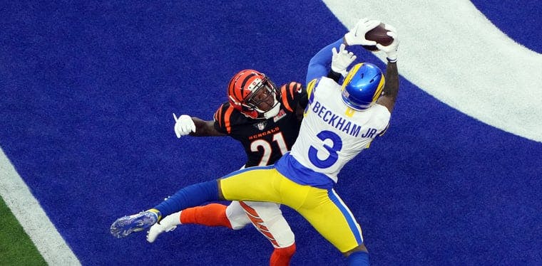 Odell Beckham makes a touchdown catch over Mike Hilton of the Cincinnati Bengals in Super Bowl LVI