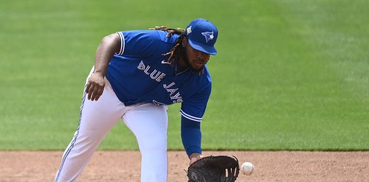 Toronto Blue Jays first baseman Vladimir Guerrero Jr. (27) takes a ground ball in a Spring Training game played at TD Ballpark in Dunedin, FL, spring home of the Blue Jays.