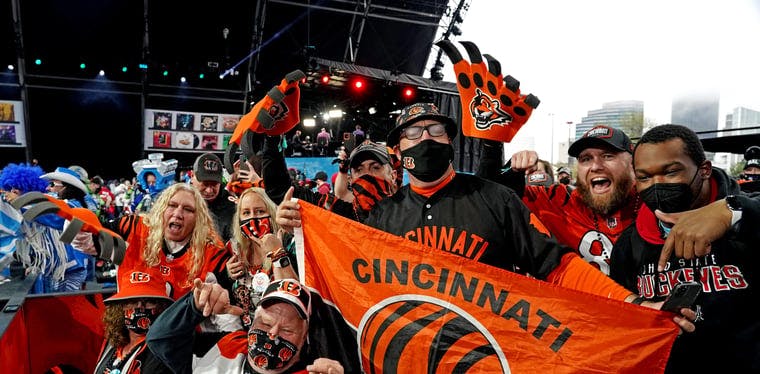 Cincinnati Bengals fans celebrate at the 2021 NFL Draft in Cleveland, Ohio