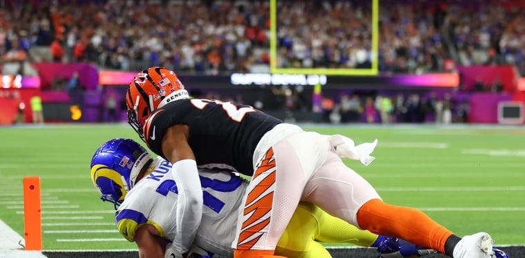 Rams receiver Cooper Kupp catches a touchdown pass over Bengals corner Eli Apple