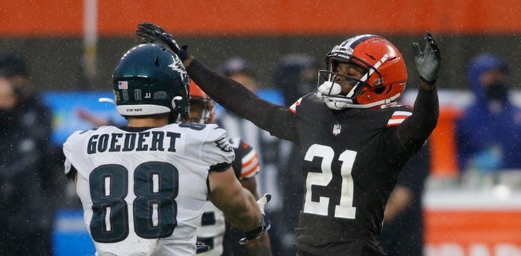 Browns cornerback Denzel Ward reacts after a play to Philadelphia Eagles tight end Dallas Goedert