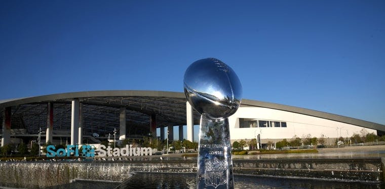 The Vince Lombardi Trophy, awarded to the Super Bowl Champions, sits outside of SoFi Stadium, the site of Super Bowl LVI