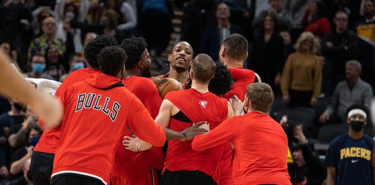 Demar DeRozan of the Chicago Bulls celebrates a game winner against the Pacers at Gainbridge Fieldhouse earlier this season.