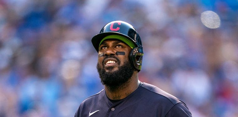 Cleveland right fielder Franmil Reyes stares into the stands against the Toronto Blue Jays