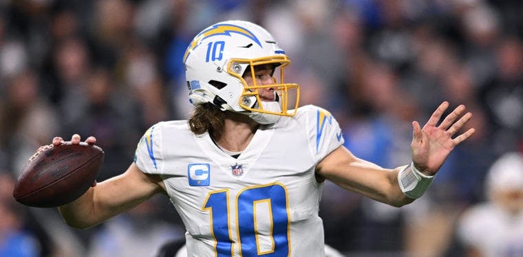 Chargers quarterback Justin Herbert throws a pass against the Las Vegas Raiders