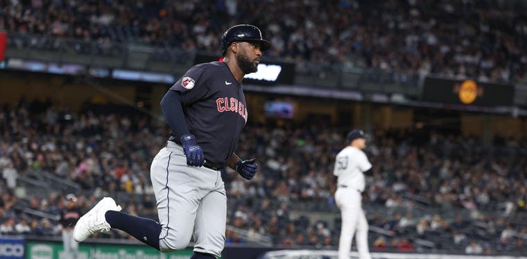 Franmil Reyes rounds the bases after a home run against the New York Yankees