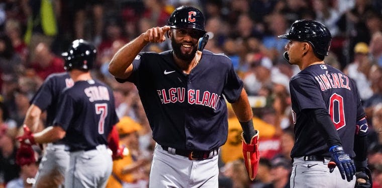 Cleveland Guardians shortstop Amed Rosario (1) reacts after scoring against the Boston Red Sox in the fourth inning at Fenway Park. David Butler II-USA TODAY Sports