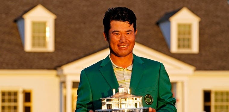 Hideki Matsuyama celebrates his 2021 win at the Masters at Augusta National.