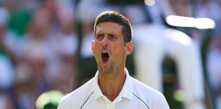 Novak Djokovic (SRB) celebrates after winning his semifinals match at Wimbledon
