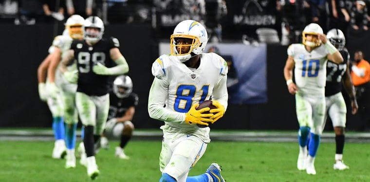 Mike Williams of the Chargers running in open field on his way to the end zone versus the Las Vegas Raiders. Williams is regarded here as a primary target in free agency for the Browns