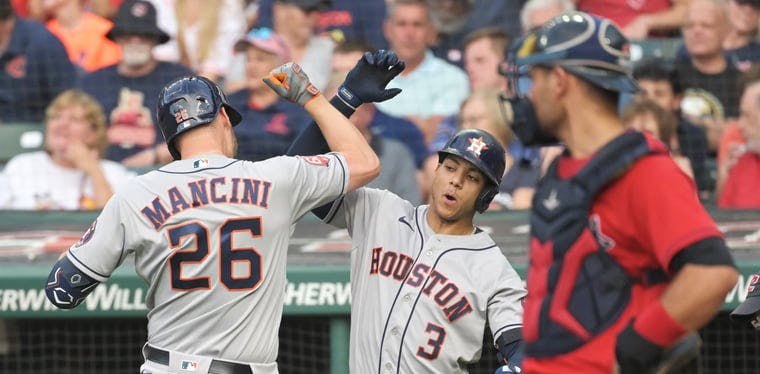 Astros outfielder Trey Mancini celebrates a home run at Progressive Field