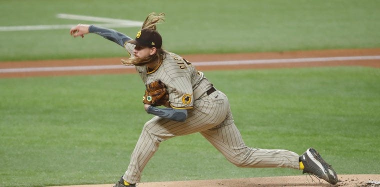Padres starting pitcher Mike Clevinger pitches against the Los Angeles Dodgers