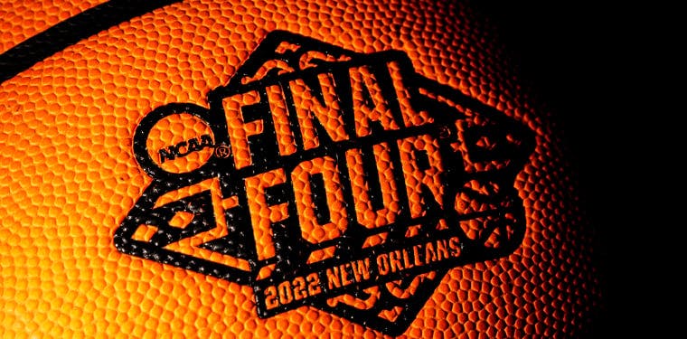 Detailed view of the Final Four Logo on a basketball before the 2022 NCAA men's basketball tournament Final Four semifinals at Caesars Superdome. 