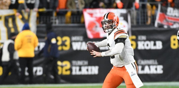 Cleveland Browns quarterback Baker Mayfield (6) against the Pittsburgh Steelers during the fourth quarter at Heinz Field.