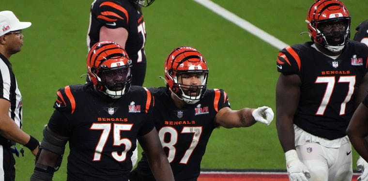 Cincinnati Bengals offensive tackle Isaiah Prince (75) and tight end C.J. Uzomah (87) react to a play late in the fourth quarter of the Super Bowl.