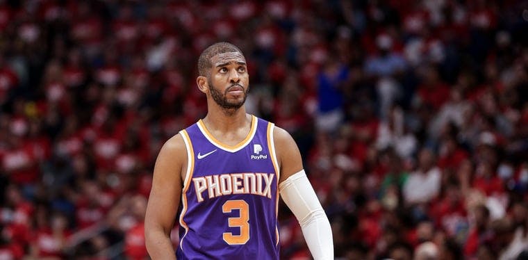 Suns guard Chris Paul looks on in the 2022 NBA Playoffs against the New Orleans Pelicans in Round 1