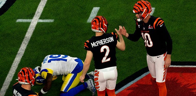 Bengals Kicker Evan McPherson celebratesduring Super Bowl LVI.