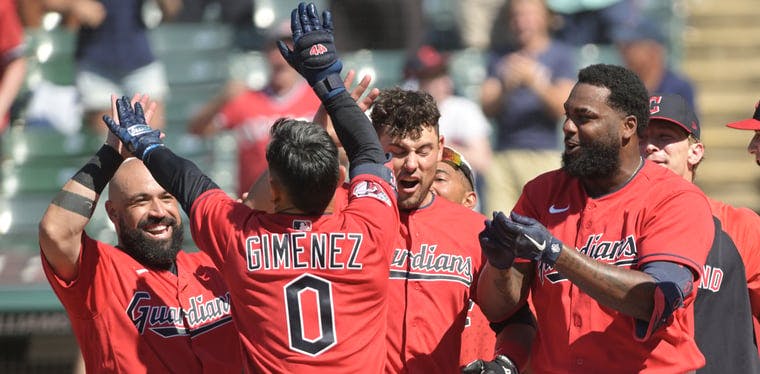 Cleveland Guardians players celebrate a walkoff win at Progressive Field