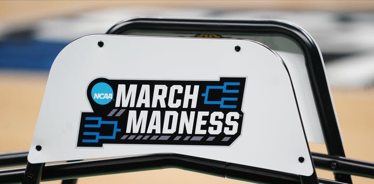 March Madness signage is on a ballrack during the practice sessions at Gainbridge FieldHouse in Indianapolis, IN.