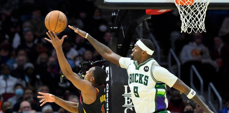 Milwaukee Bucks center Bobby Portis (9) defends a shot by Cleveland Cavaliers guard Rajon Rondo (1) in the fourth quarter at Rocket Mortgage FieldHouse.