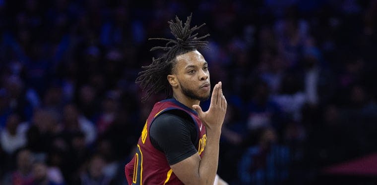  Cleveland Cavaliers Darius Garland (10) reacts after his three pointer against the Philadelphia 76ers in the second half of a 2022 NBA game against Philadelphia.
