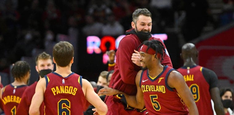 The Cavaliers celebrate late in the game against Toronto earlier this season.