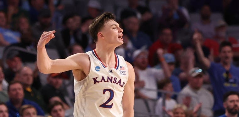 Kansas Jayhawks guard Christian Braun (2) reacts after a basket against the Creighton Bluejays in the Round of 32 in the 2022 Men's Division One basketball Tournament.