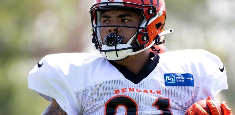 Bengals tight end Thaddeus Moss carries the ball during Cincinnati Bengals practice